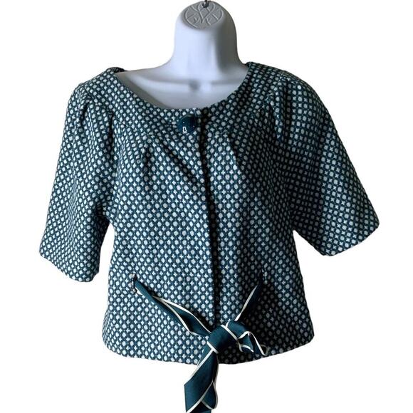 Elevenses Wool Cropped Front Tie Top Women Size 4 3/4 Sleeves Tweed Green White - Picture 1 of 10